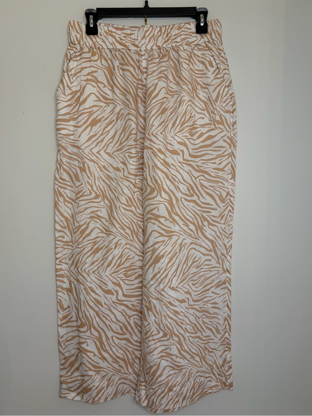 Nicole Miller 100% Linen Culottes Wide Leg Crop Pants Sz L Tan White Zebra Print